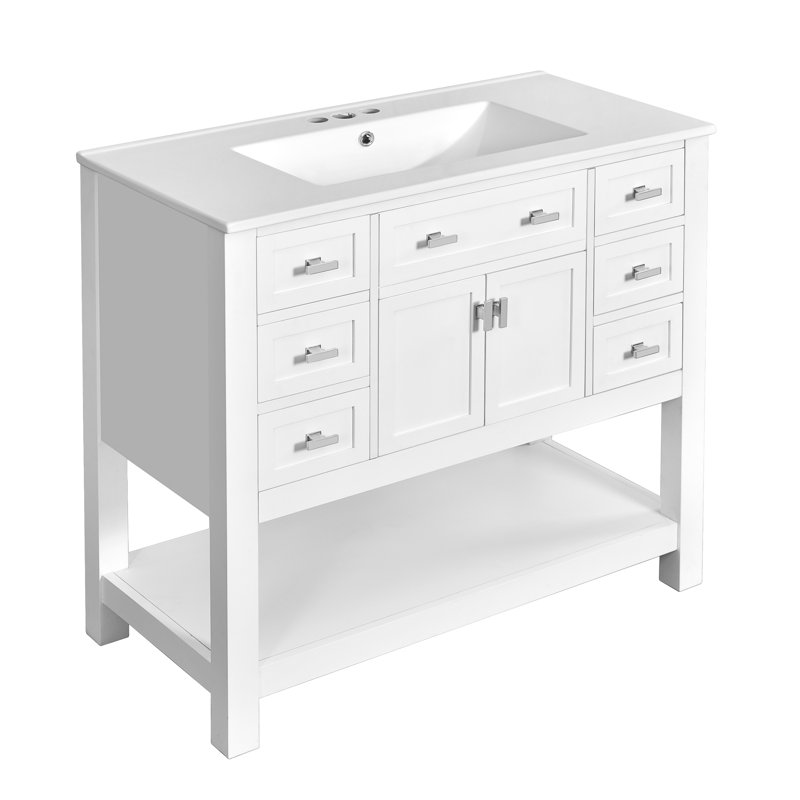 Meuble-lavabo de 36 po avec lavabo à trois trous, charnières réglables à fermeture douce et panneau pour lavabo simple minimaliste moderne, 2 portes à fermeture, 6 tiroirs,