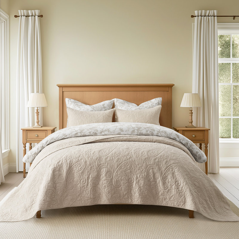 Paisley 100% Cotton Quilt Set 3 Pieces, King Quilt + 2 King Shams, Flax Beige