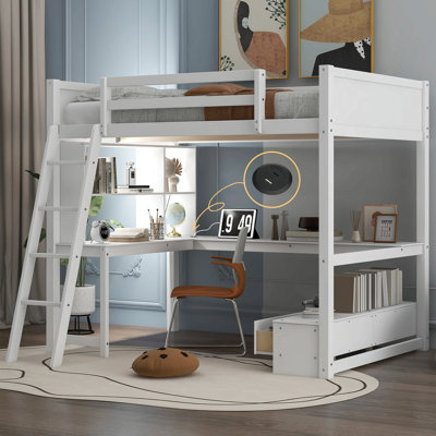 Lit mezzanine double avec bureau multi-rangements en L, station de charge à DEL et USB, banc de rangement avec 2 tiroirs