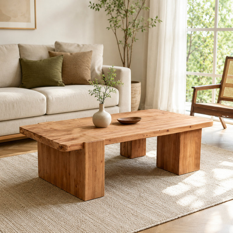 Solid Wood Coffee Table, Walnut Finish Rustic Rectangular Low Table with Thick Top and Panel Legs for Living Room