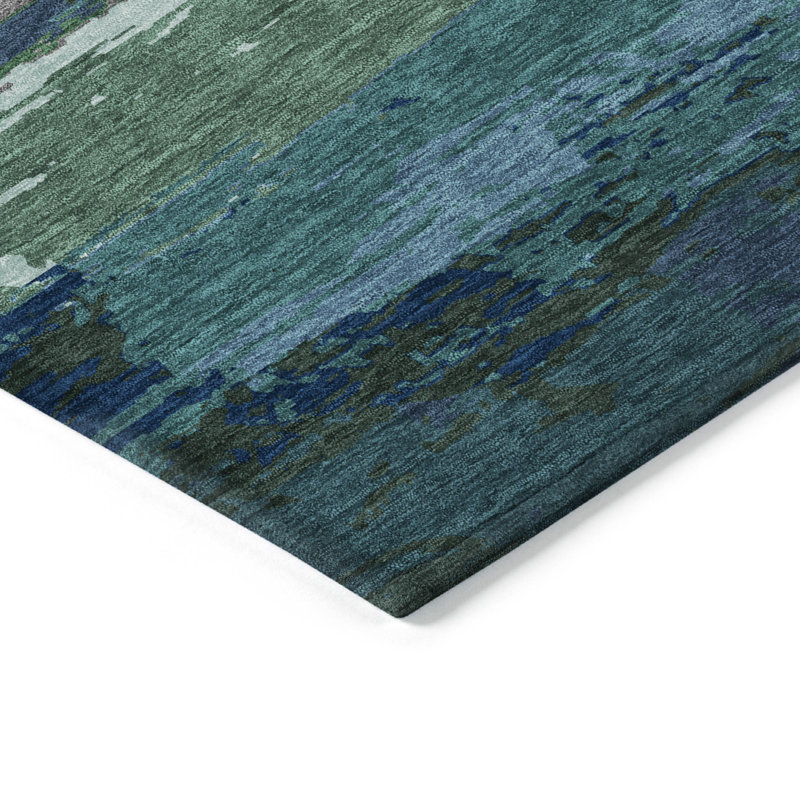 Teal and Blue Synthetic Stripe Indoor/Outdoor Rug, 5' x 7'6"