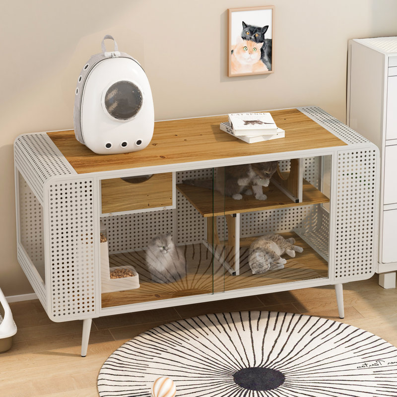 Maison de chat spacieuse en blanc - composée de bois de sapin et d'une structure en fer avec des portes en verre trempé fabriquées en bois et à l'intérieur