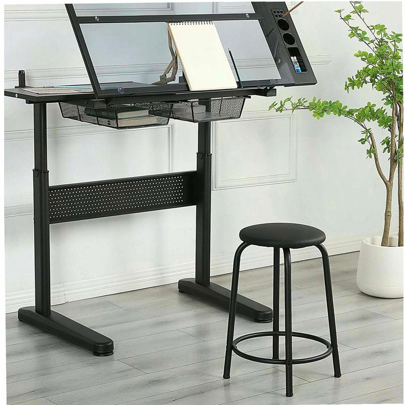 Table à dessin à manivelle réglable avec 2 tiroirs en métal (noir) et tabouret, Noir
