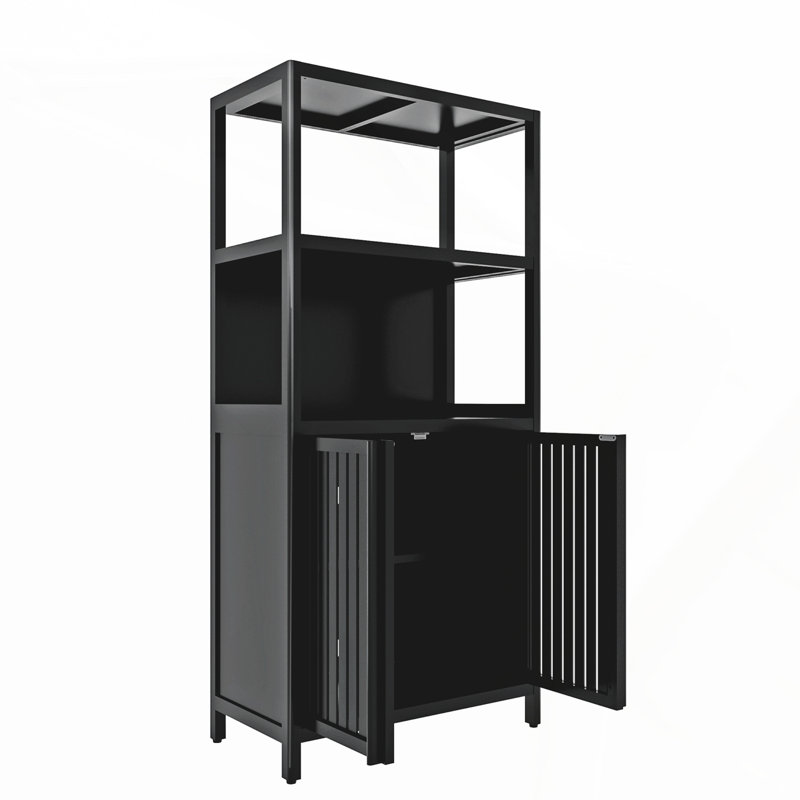 Versatile Black Bamboo Storage Cabinet with 2 Doors, Ideal for Bathroom, Living Room, and Kitchen Organization