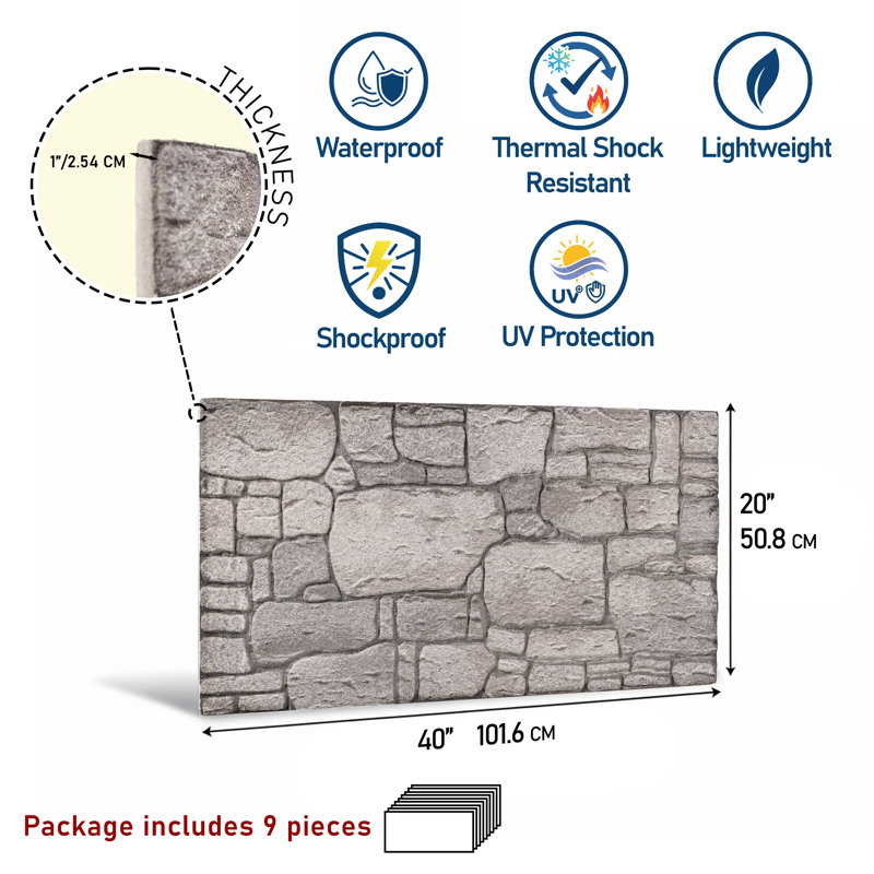 3D Faux Stone Wall Panels, Set of 9 (Covers 48 Sq Ft), 20" x 40" Foam Wall Cladding for Interior & Exterior Accent Walls