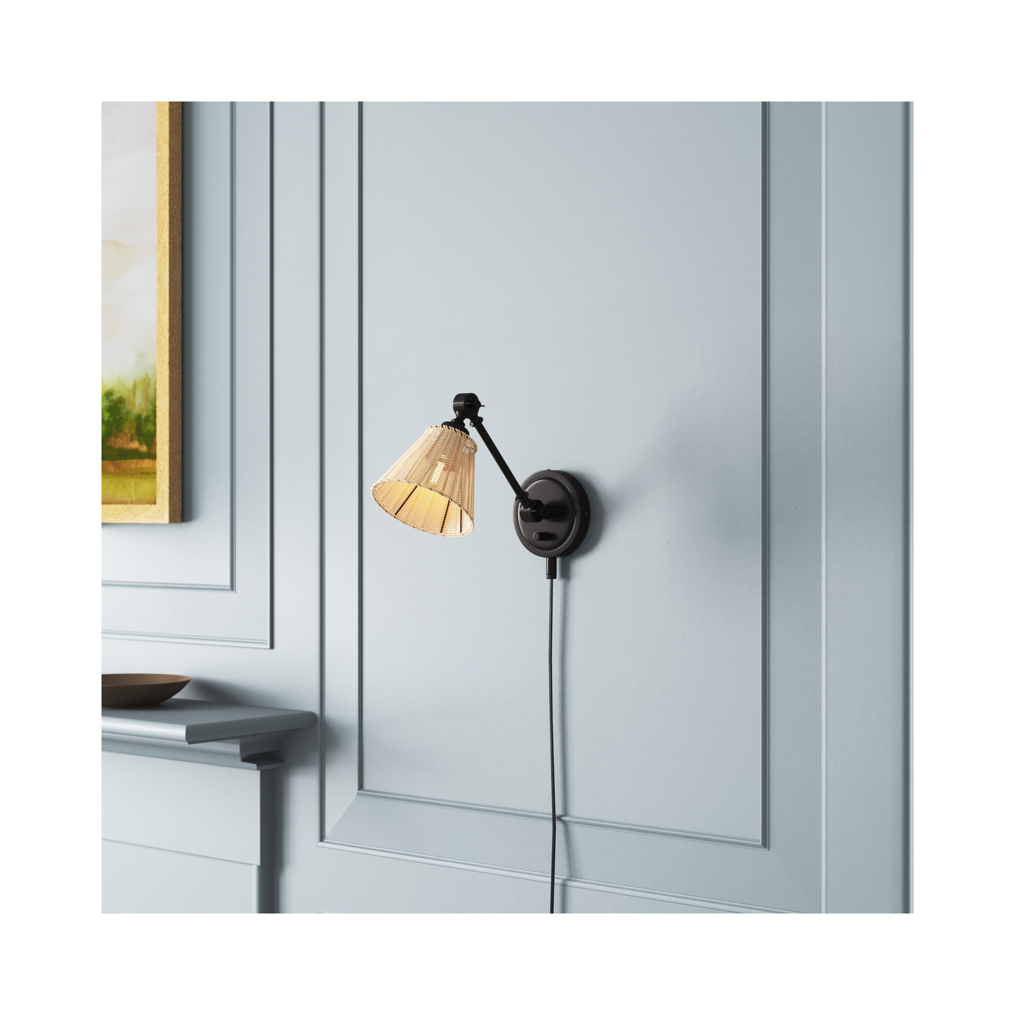 Barrows 2 Light Rattan Iron Dimmable Plug-in Armed Sconce, Black