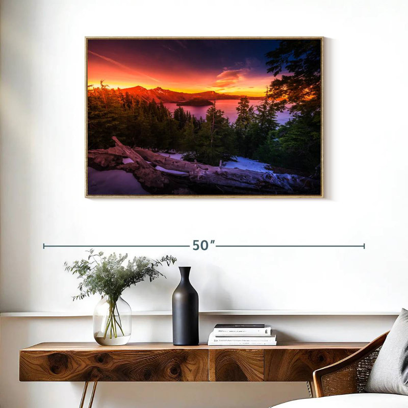 Majestic Crater Lake Sunset, Cadre flottant en bois naturel, 37 po x 25 po