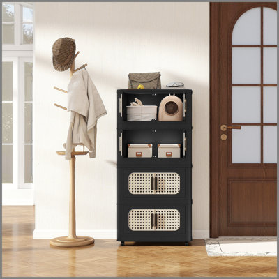 Armoire de rangement pliante rétro noire de 20 pouces de large avec 4 niveaux, porte magnétique et roulettes pour une utilisation polyvalente et une mobilité facile