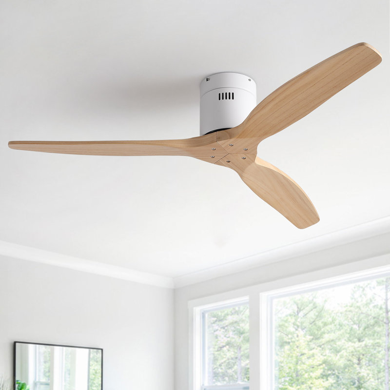 52" 3-Blades Flush Mount Wood Ceiling Fan without Light, White, Natural wood1