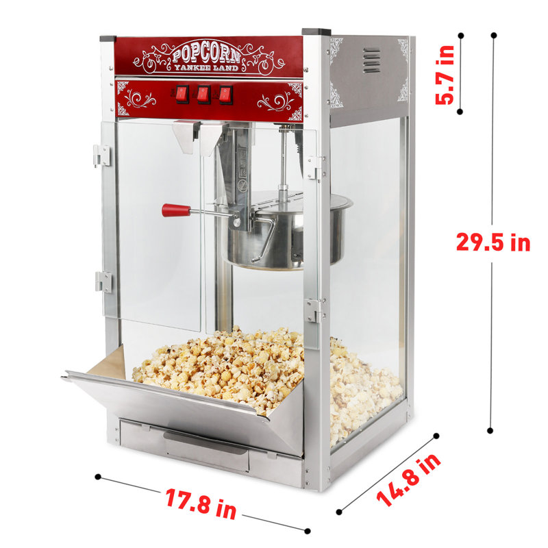 Machine à maïs soufflé commerciale de type maïs, bouilloire, machine à maïs soufflé de comptoir de 1450 W pour 80 tasses par lot, éclatant de style théâtre avec portes en verre trempé à cadre de commande à 3 interrupteurs