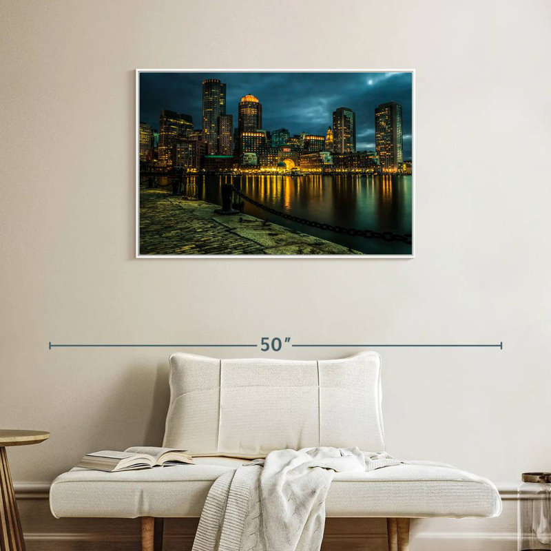 Silhouette de Boston la nuit, 37 po x 25 po, Cadre flottant blanc