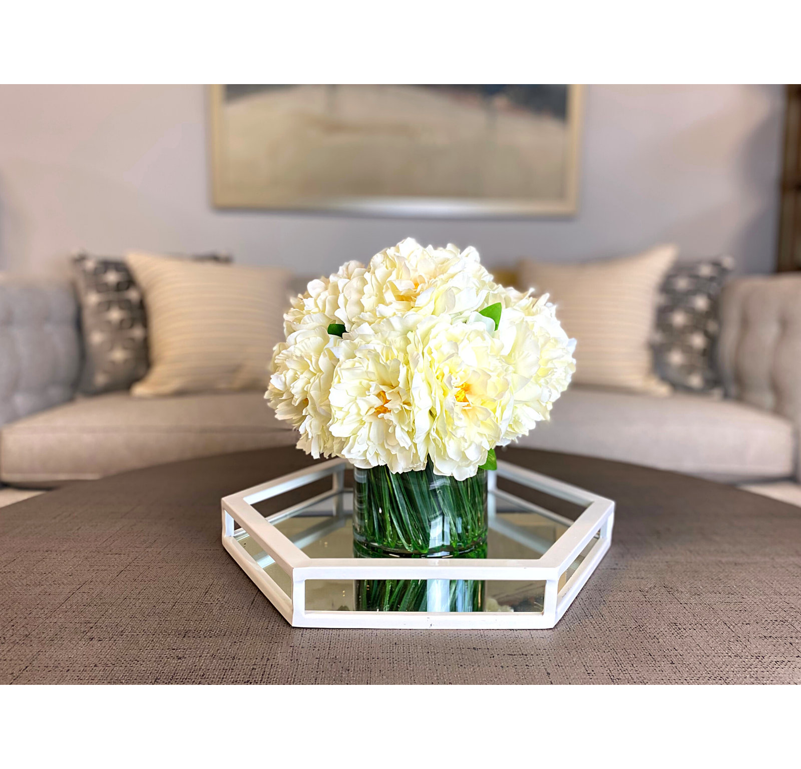 Peony Arrangement in Glass Vase with Grass, Cream