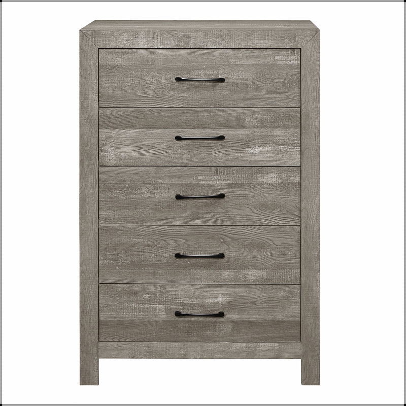 Commode rustique à finition grise avec tiroirs de rangement spacieux et quincaillerie en métal noir pour la chambre à coucher