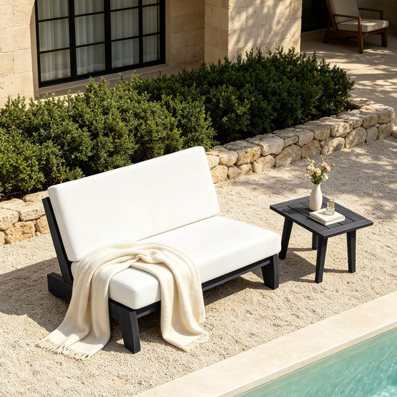 Polett Outdoor Conversation Set Solid Wood Group With Loveseat And Side Table, White, Black
