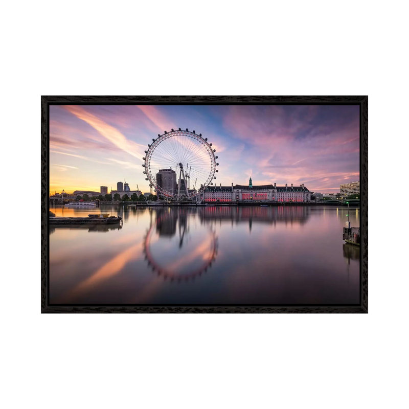 London Cityscape Along The Thames River With Millenium Wheel by Jan Becke - Print on Canvas, Black Framed
