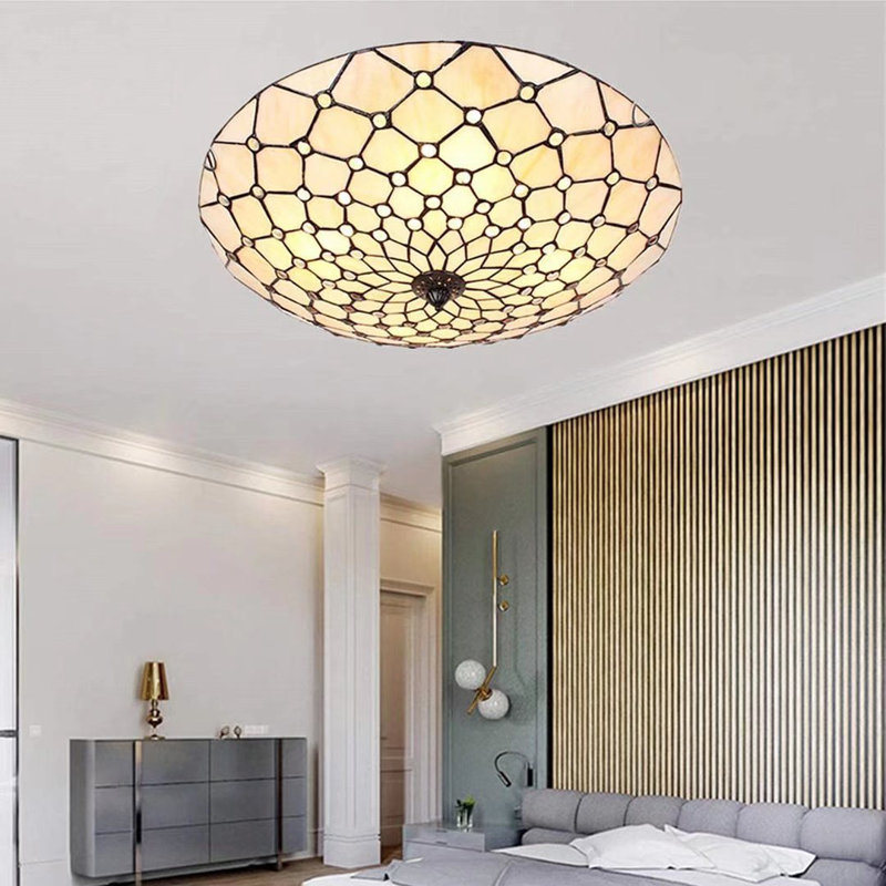 20" Vintage Flush Mount Lighting with Handmade Tiffany Lampshade