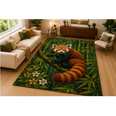 "Ultra Light Weight" 5' x 7' Red Panda Bamboo Forest Area Rug Soft Low Pile Indoor Rug with Non Slip Silicone Backing Cute Wildlife Decor Carpet for Living Room Bedroom Nursery Kids Room Green
