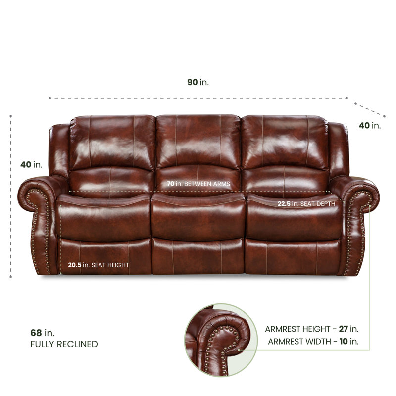 Aspen 93'' Brown Leather Reclining Sofa with Nailhead Trim