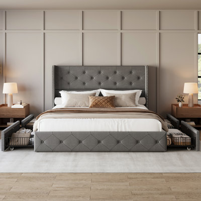 Upholstered Platform Bed with Storage Drawers, Tufted Bed Frame with Wingback&Headboard, Light Grey