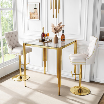 Modern Square Glass Bar Table Set, 37" Clear Tempered Glass Top And Irregular Stainless Steel Legs, Velvet Padded Swivel Bar Stools With Tufted Back And Nailhead Trim