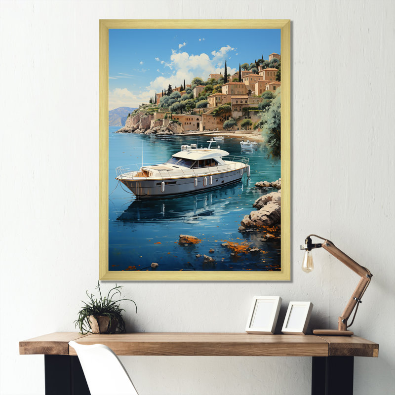 Yacht sur la côte d'azur sur toile, Cadre doré simple, H 32 po x l 16 po x P 1 po
