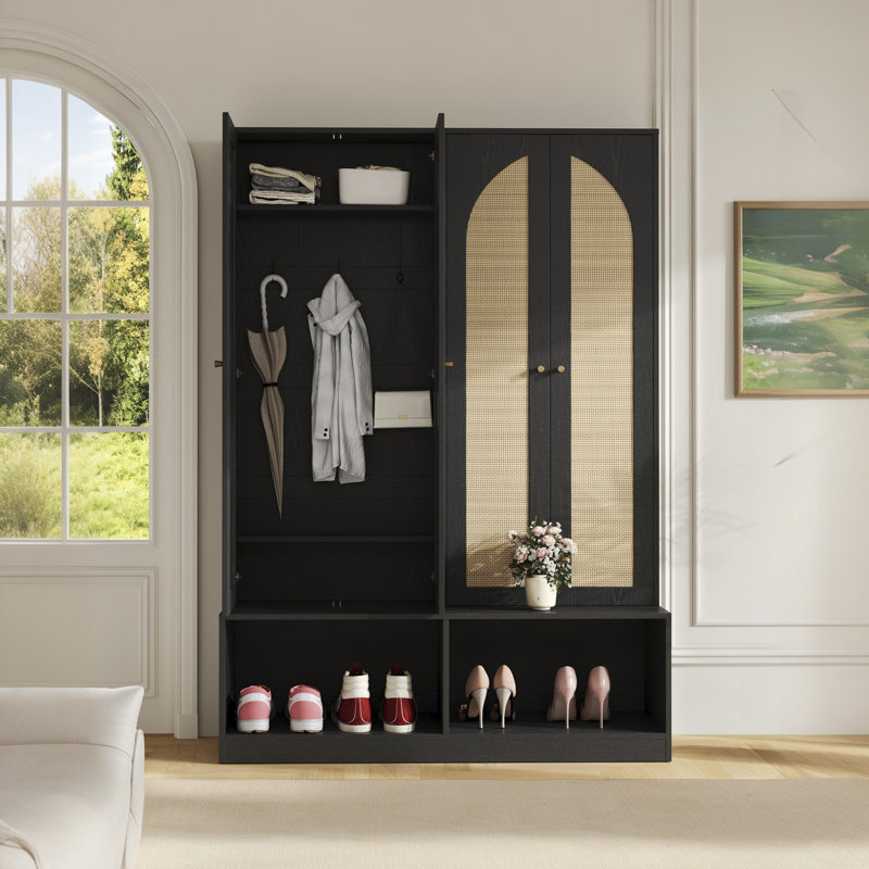 Armoire à chaussures avec crochets en rotin de style champêtre 4-en-1, Noir