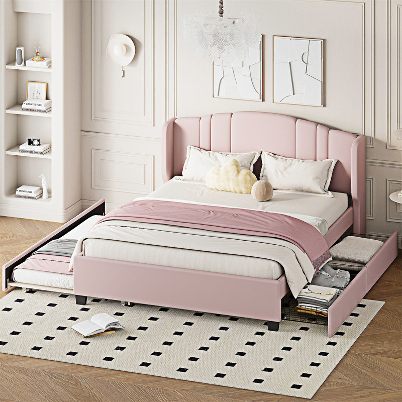 Lit plateforme tapissier avec lit gigogne simple et 2 tiroirs, Rose