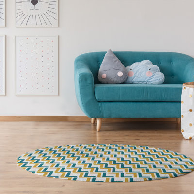 Tapis rond à motif géométrique bleu / jaune