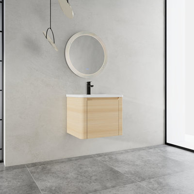 Meuble-lavabo mural avec lavabo en céramique blanche et porte à fermeture en douceur