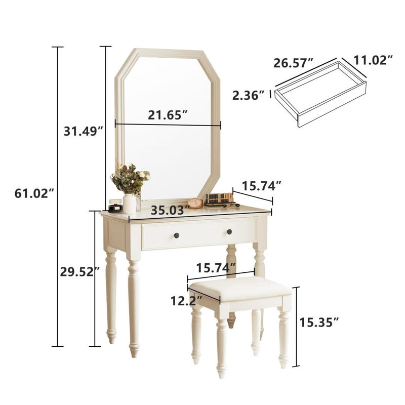 Élégante coiffeuse blanche avec miroir octogonal et tabouret moelleux