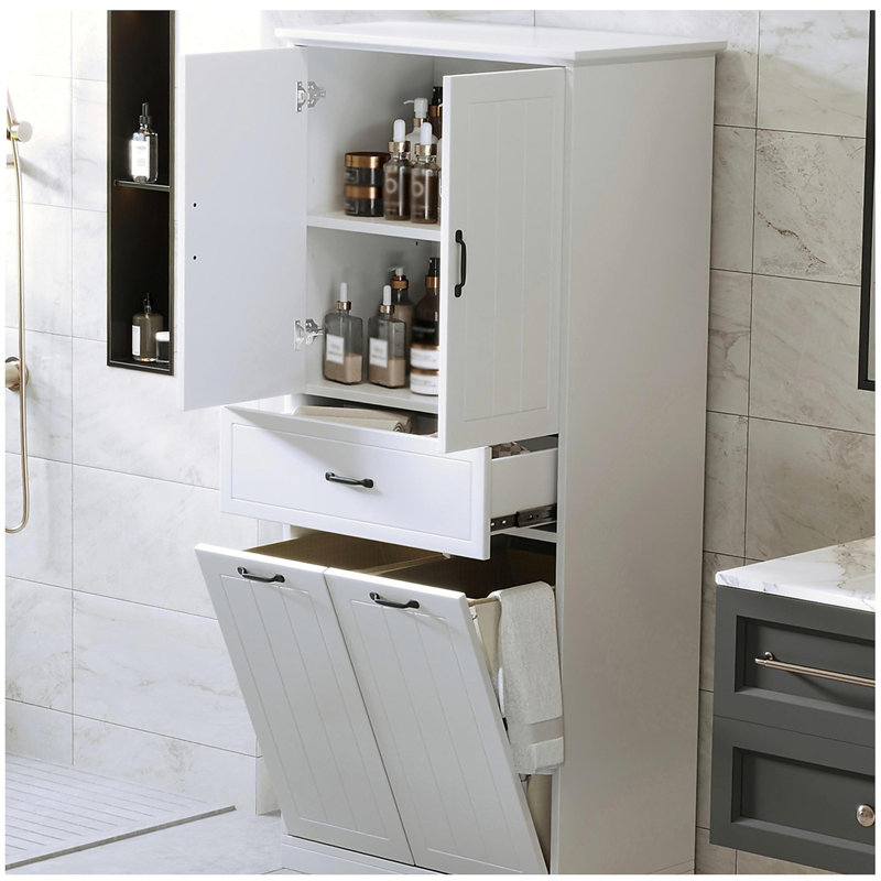 Bathroom Storage Cabinet With Laundry Basket, White