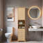 Grande armoire de salle de bain autoportante avec tablette réglable, 3 tiroirs, rangement ouvert et poignées en métal doré