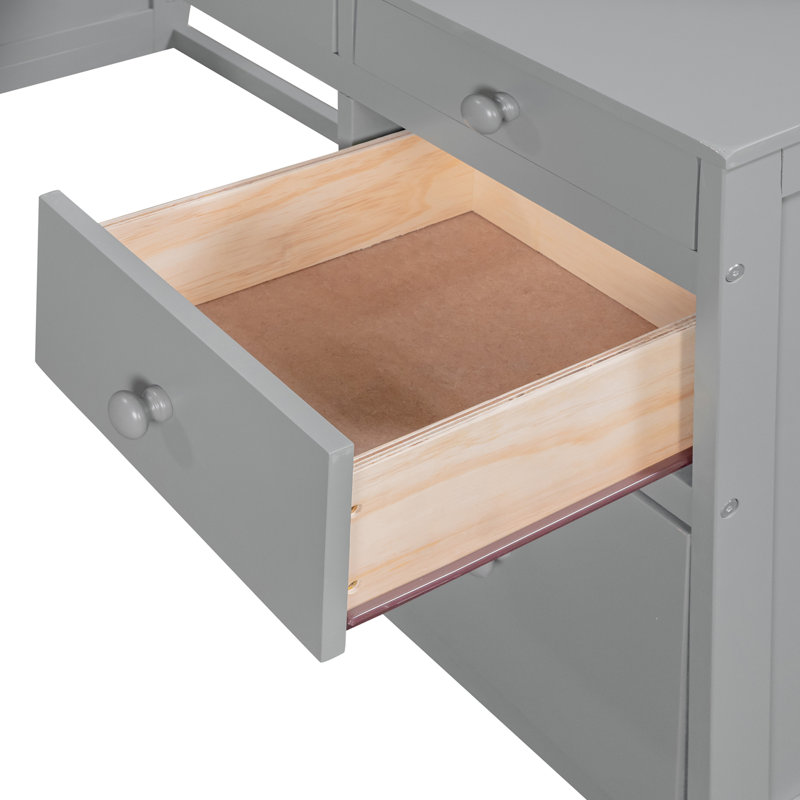 Lit mezzanine double avec échelle, tablettes et bureau, Gris, Double