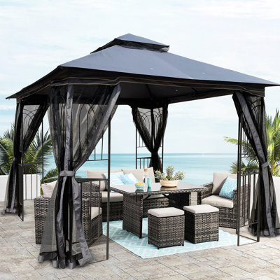 10X10 Gazebo Canopy With - Fabric And Insect Mesh - Gray Water- Top Detachable Insect