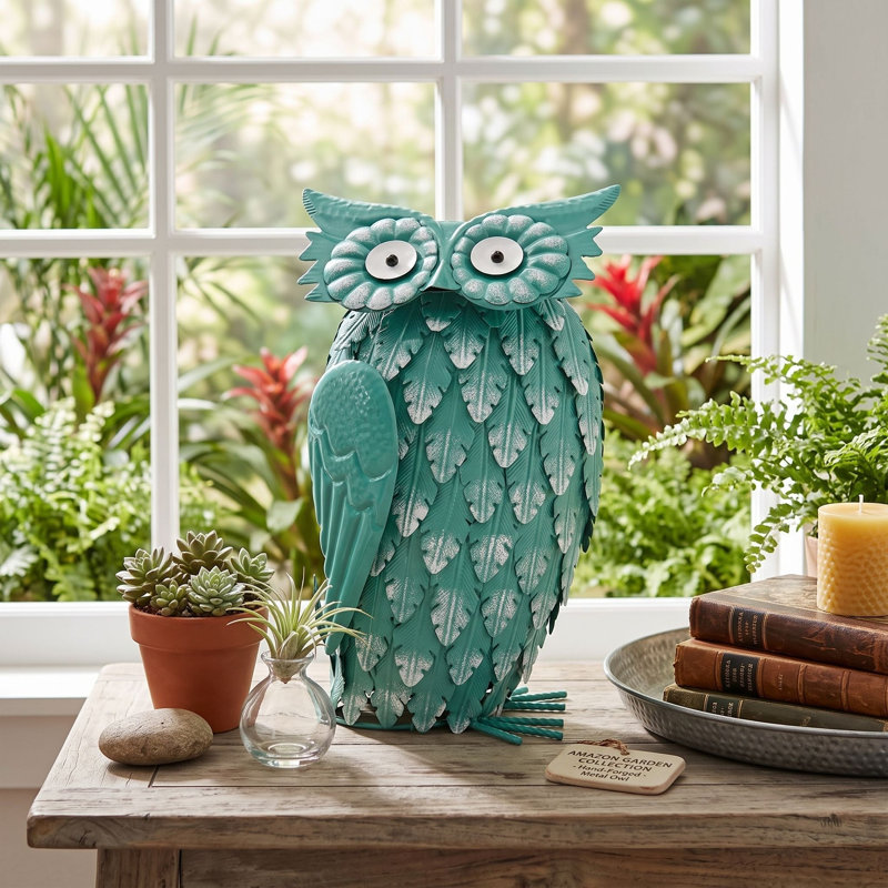 14" Handcrafted Owl Statue Metal Yard Art for Garden Patio, Balcony, Home Tabletop Decor