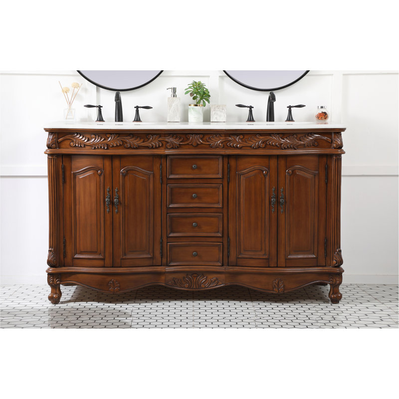 Mannie 60 " W Freestanding Standard 2 Double Vanity Bathroom Vanity With Engineered Marble Top, Ivory White, Teak