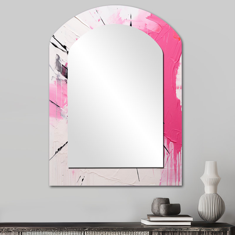 Or et mauve abstrait Fusion II - miroir décoratif arche Fuschia, miroir mural asymétrique traditionnel, impression d'art en métal