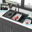 Évier de 33 po x 22 po en quartz noir pour la cuisine, plan de poste de travail avec robinet escamotable et cascade de cuisine flamme de 33 x 22 po en quartz, caractéristique, effet