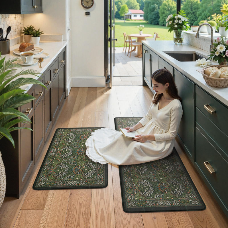 Ensemble de 2 tapis de cuisine anti-fatigue à motif floral botanique vintage, antidérapants et rembourrés., Vert forêt