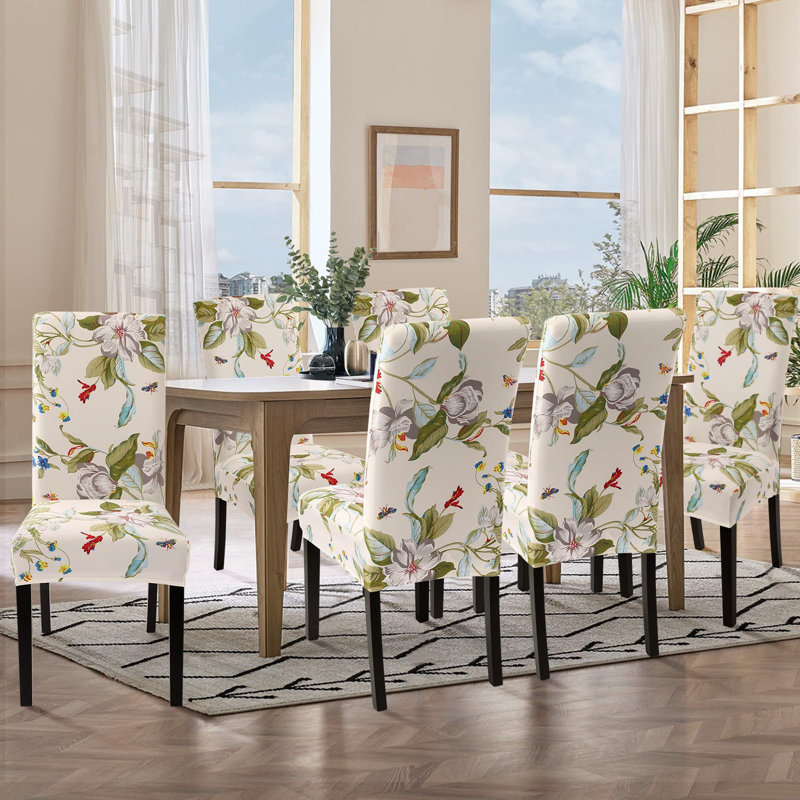 Ensemble de 4 housses de chaise, housses de protection parsons extensibles et lavables Spandex Super Fit pour salle à manger, hôtel, cérémonie, beige et fleurs