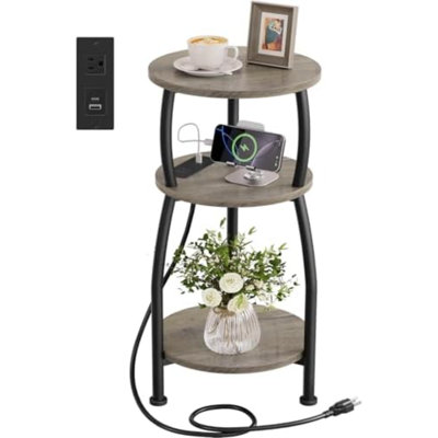 Table d'appoint ronde avec station de charge, table de chevet à petits espaces | Table de bout à 3 niveaux à côté du canapé, ports de type C et USB, petite table d'appoint pour salon, chambre à coucher, dortoir, gris