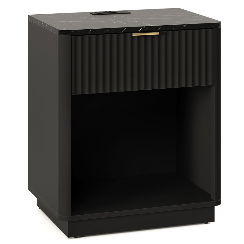 Valerica Fluted Nightstand with LED Light and Charging Station, Black