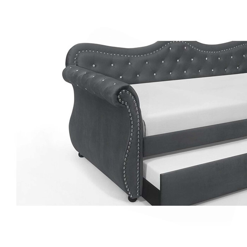 Upholstered Velvet Wood Daybed With Trundle, Gray
