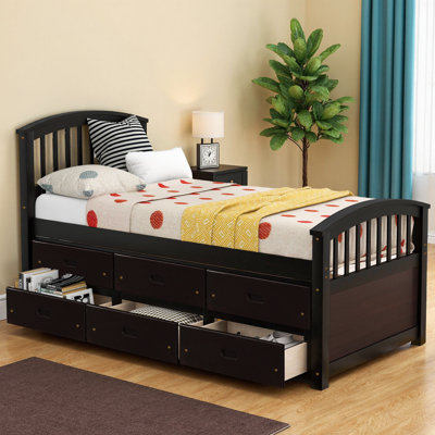 Lit plateforme en bois massif avec 6 tiroirs de rangement, finition espresso, aucun sommier nécessaire, mobilier de chambre pour enfants et adolescents