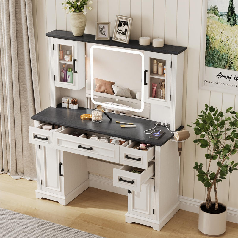 Farmhouse Vanity Desk With Mirror And Lights, Black/White