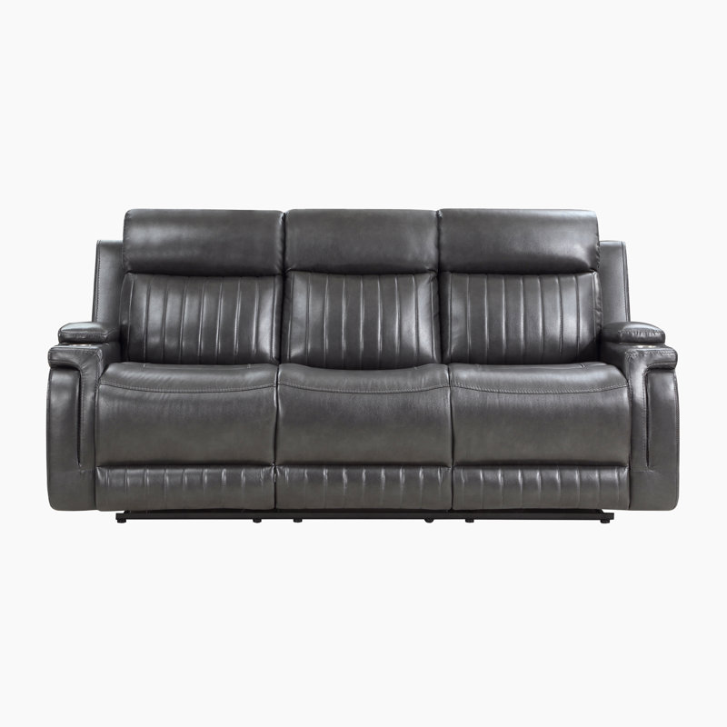 Winfree 82'' Transitional Manual Double Reclining Sofa - Integrated Drop-Down Table with Cup Holders, Dual Manual Tab Pull Reclining