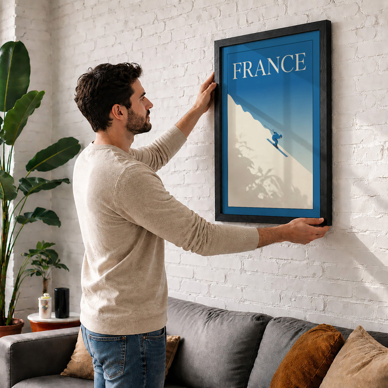 Skier on Alpine Slope Minimalist - Framed Print, Walnut, A3 - 42.0 x 29.7 cm