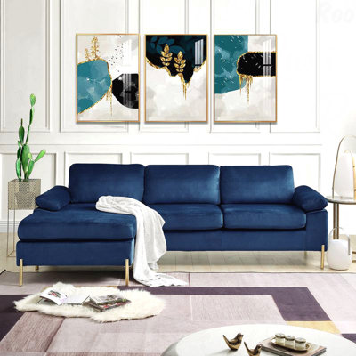 ​​Mid-Century Glam L-Shaped Sectional Sofa with Gold Metal Legs​