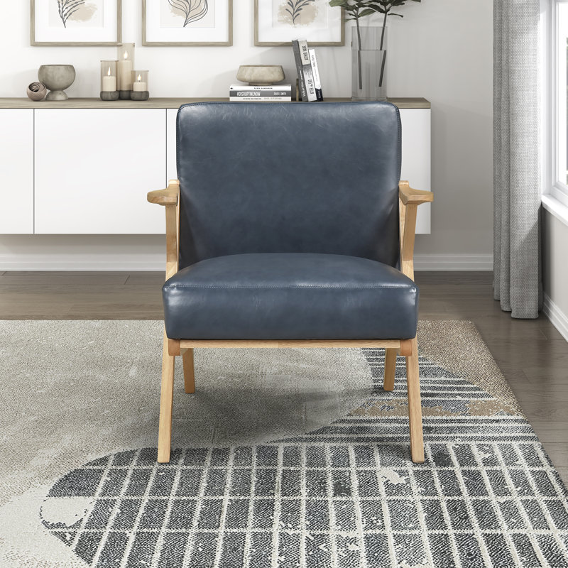 Granby 26.5" Mid-Century Modern Accent Chair - Easy-Care Faux Leather Upholstery, Durable Solid Rubberwood Frame, Natural