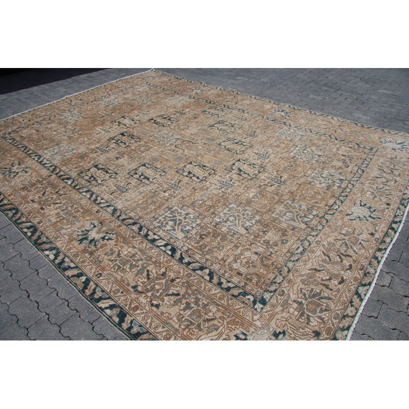 Tapis turc Oushak fait à la main en laine beige - Design rétro pour le décor du salon